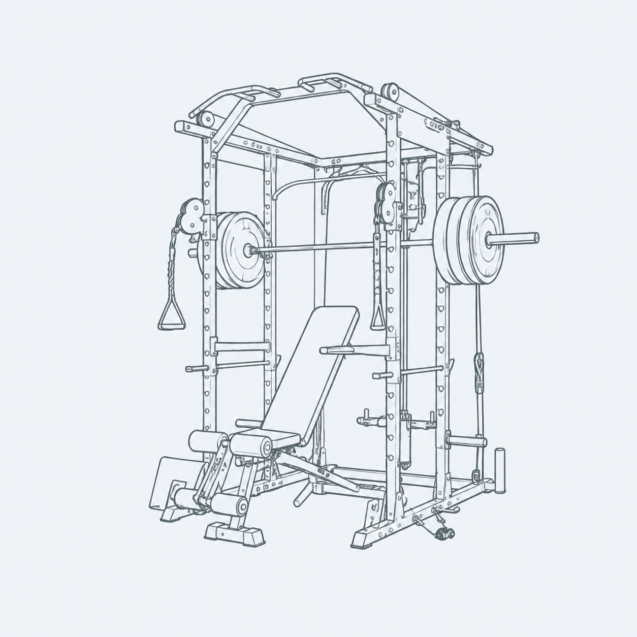 Traditional multi-station home gym line illustration